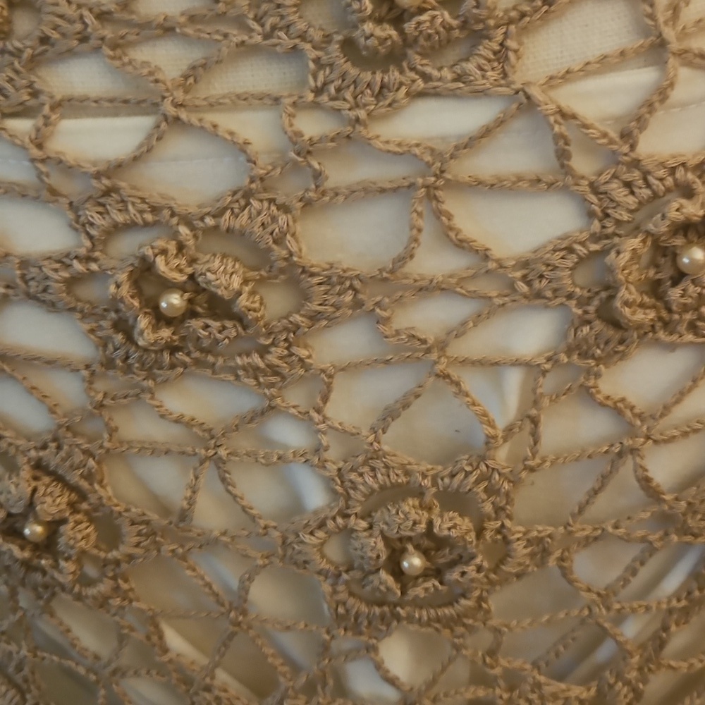 Vintage Tan Rose Pearl Crochet Shawl - Picture 7 of 9